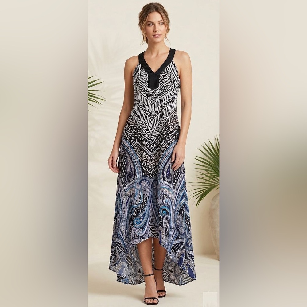 WHBM Black & Blue Paisley Maxi Dress Featuring a High-low Ham (NWT)
